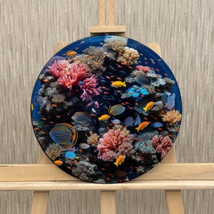 Fishes Aquarium Round Tempered Glass Decor,Fishes Wall Art Round Glass,Underwater Circle Printing,Animal Wall Art ,Vivid Color Sea Coral Art