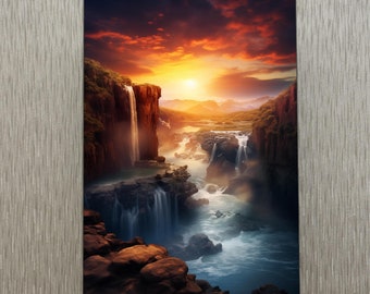 Sunset Waterfall Paradise Tempered Glass Printing Wall Art, Landscape Large Modern Glass Wall Decor Art, Nature Wall Art, Waterfall Wall Art