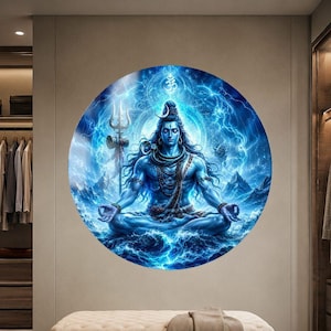 May include: A circular wall art piece featuring a blue-toned illustration of Lord Shiva in a meditative lotus position. The deity is surrounded by swirling energy, lightning, and mountains, with a trident and the Om symbol visible in the background.