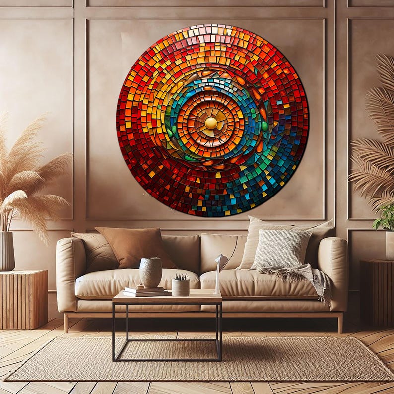 May include: A circular abstract mosaic wall art with a swirling pattern of red, orange, yellow, green, blue, and purple squares. The center of the mosaic is a yellow circle.