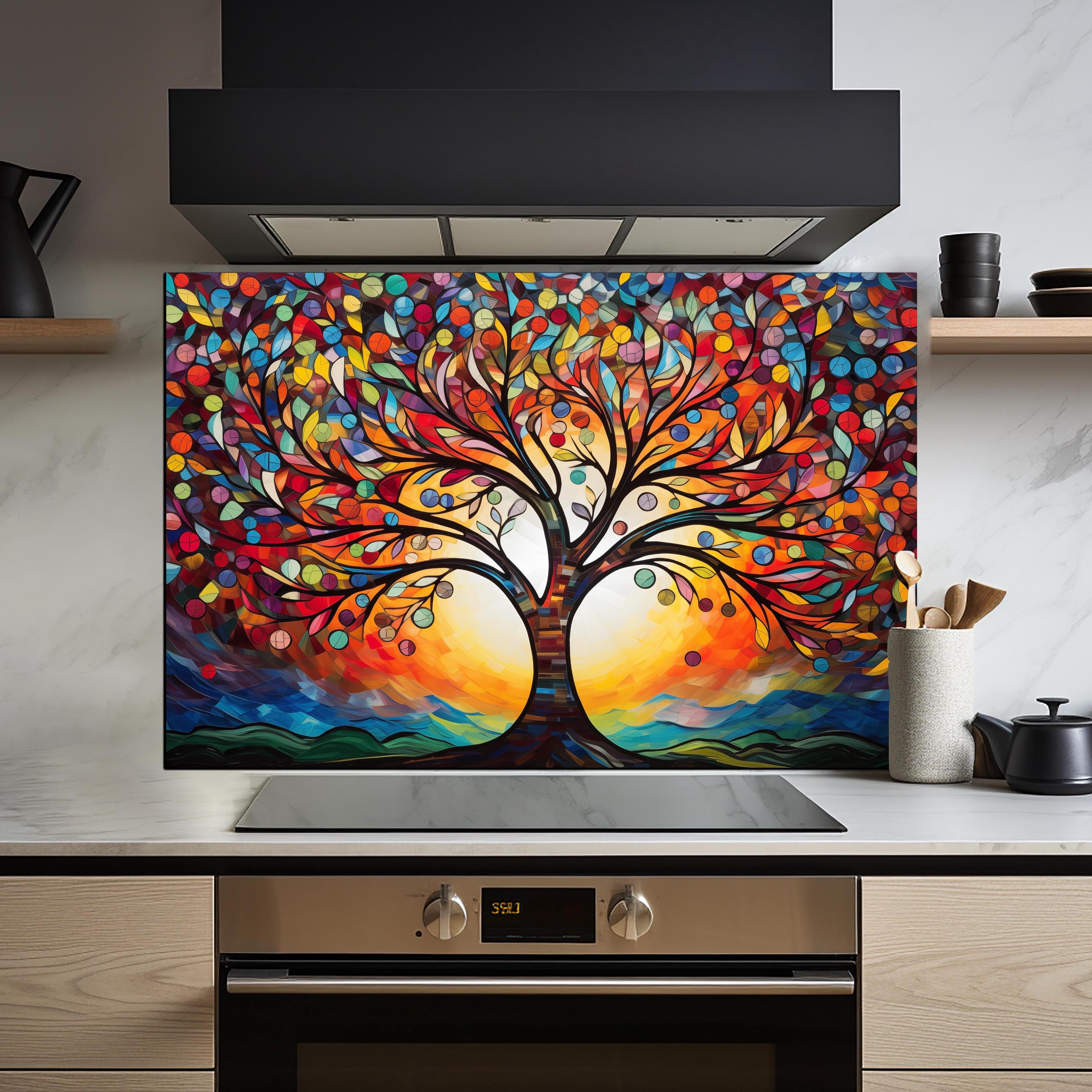 Árvore da vida, azulejos de impressão de vidro temperado, backsplash de mandala para backsplash de cozinha, capa traseira de fogão, arte de azulejo de backsplash de mandala