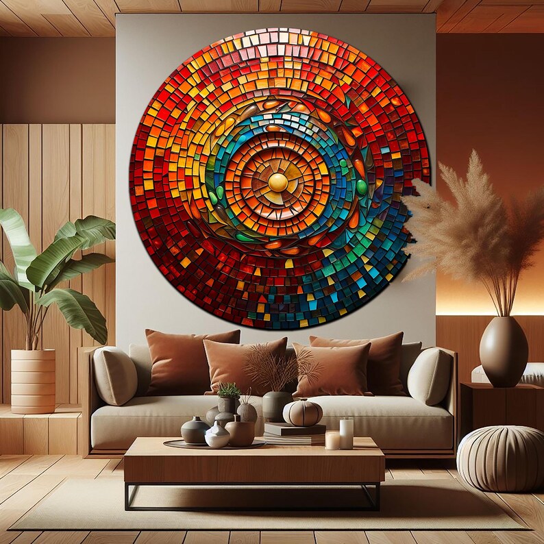 May include: A large, round wall art piece with a mosaic design. The mosaic is made up of small, colorful tiles in shades of red, orange, yellow, green, blue, and purple. The tiles are arranged in a circular pattern, creating a swirling effect. The art piece is hanging on a white wall in a living room setting.