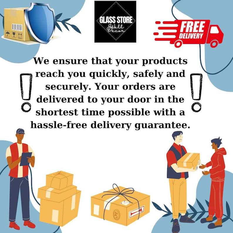 May include: Illustration of a delivery service with a truck and two people delivering packages. The text reads "We ensure that your products reach you quickly, safely and securely. Your orders are delivered to your door in the shortest time possible with a hassle-free delivery guarantee."