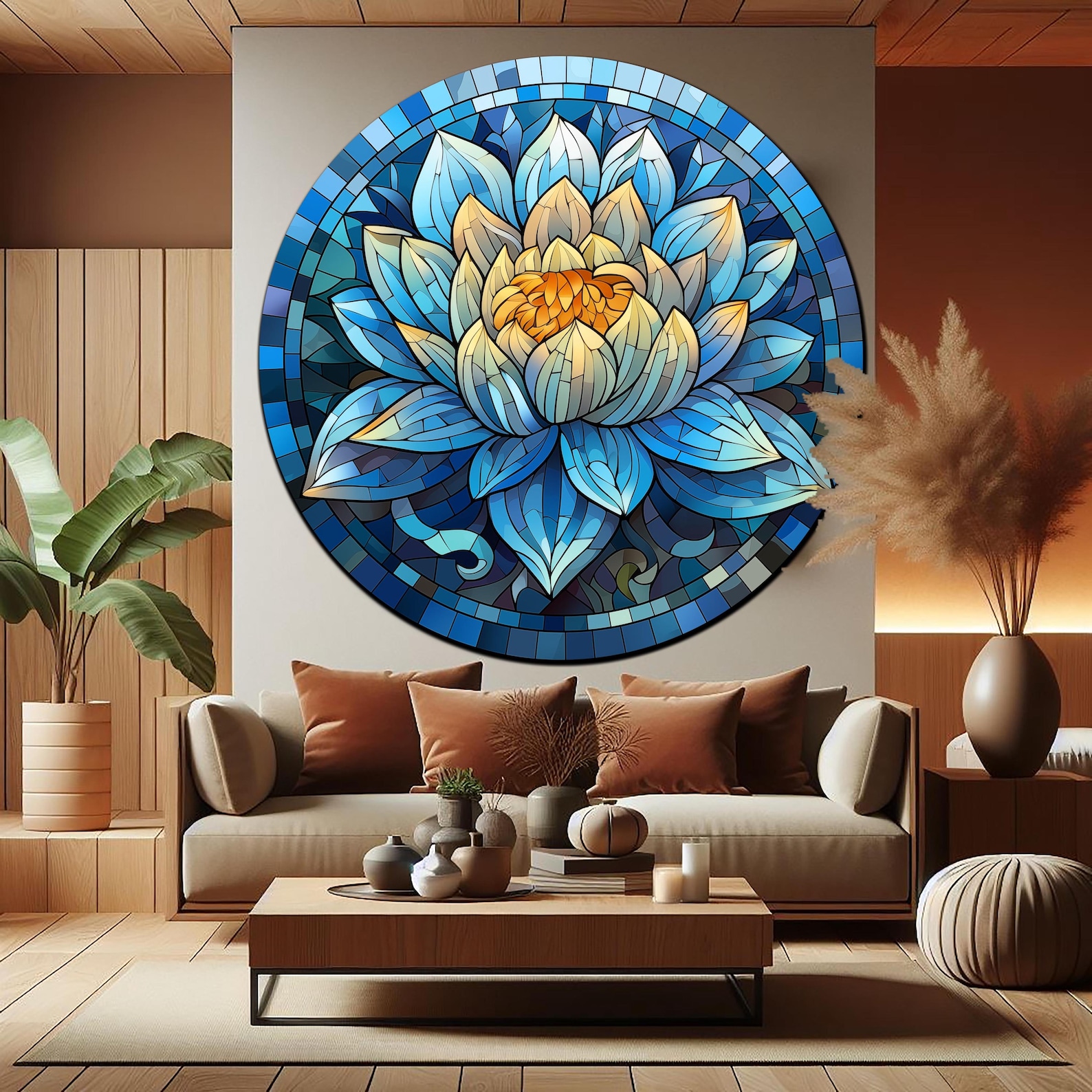 Lotus Flower Tempered Glass Round Wall Art, Blue Mosaic Art Print,lotus ...