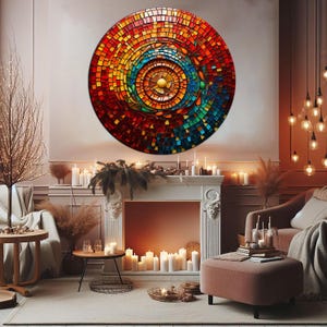May include: A colorful circular mosaic wall art with a swirling pattern of red, orange, yellow, green, and blue tiles. The mosaic is centered on a white wall with a fireplace and candles below.