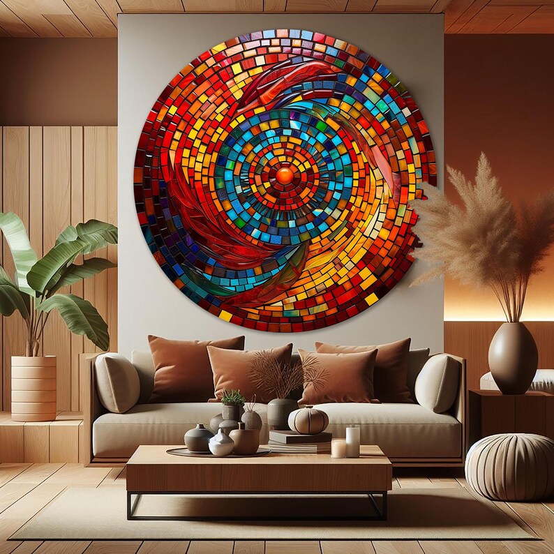 May include: A circular mosaic wall art with a swirling pattern of red, orange, yellow, blue, and green tiles. The center of the mosaic features a smaller circle of red and orange tiles.