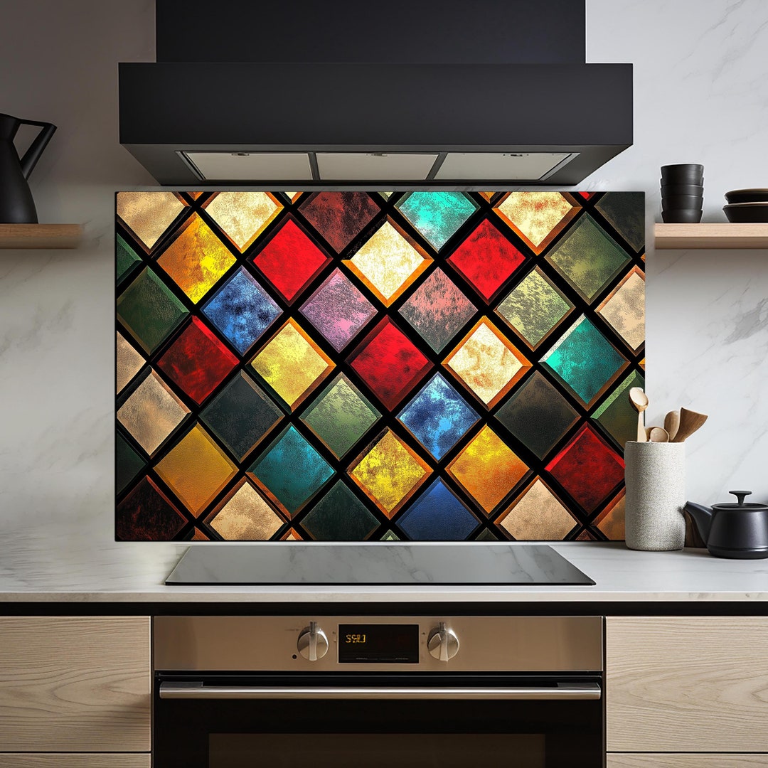 Cooker Splashbacks Patterned Stained Geometric Pattern Tempered Glass Backsplash Design-cooker Wall ...