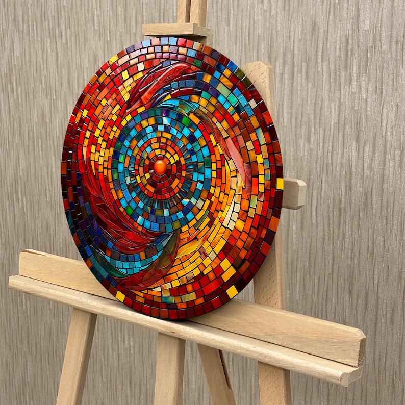 May include: A circular mosaic wall art piece with a swirling pattern of red, orange, yellow, blue, and green glass tiles. The center of the mosaic features a smaller circle of red tiles.