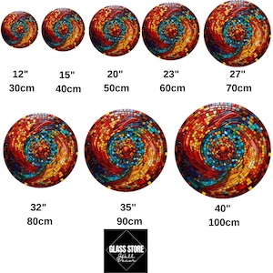 May include: A set of 10 round stained glass mosaic wall decor pieces in various sizes, ranging from 12 inches to 40 inches in diameter. The mosaic features a swirling pattern of red, orange, yellow, blue, and green glass tiles.