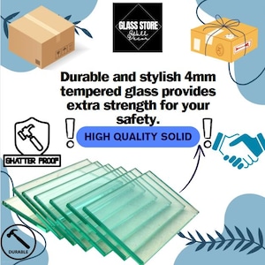 May include: Stack of six clear glass shelves, each measuring 4mm thick. The shelves are shatterproof and durable. The text "HIGH QUALITY SOLID" is visible in blue text on a white background.