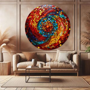 May include: A circular mosaic wall art with a swirling pattern of red, orange, yellow, blue, and green tiles. The center of the mosaic features a smaller circle of red tiles.