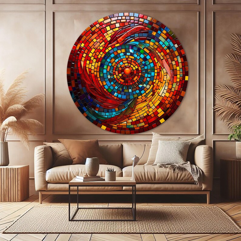 May include: A circular mosaic wall art with a swirling pattern of red, orange, yellow, blue, and green tiles. The center of the mosaic features a smaller circle of red tiles.