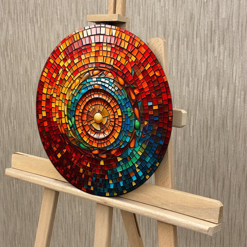May include: A circular mosaic artwork with a swirling pattern of red, orange, yellow, green, blue, and purple tiles. The mosaic is mounted on a wooden easel.