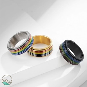 Rainbow Spinner Ring Stainless Steel - Unisex Pride Anxiety Fidget Ring - LGBTQ Couple Band Jewelry Gift