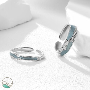 Ocean Wave Couple Rings – Adjustable Sea Blue Enamel Rings for Him and Her – Handmade Matching Jewelry Gift – Unique Beach Inspired Ring