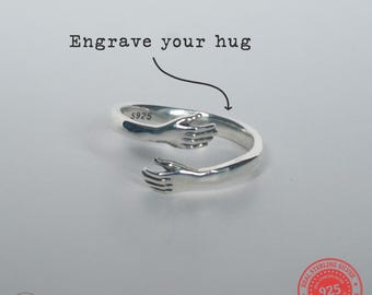 925 Silver Hug Ring | Best Friend Ring | Personalized Hug Ring | Adjustable Minimalist Hugging Ring | Engraved Hand Ring | Gift For Daughter