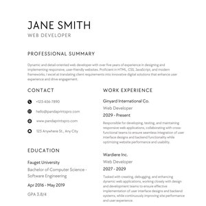 May include: A resume for a web developer named Jane Smith. The resume includes her contact information, work experience, education, and skills.