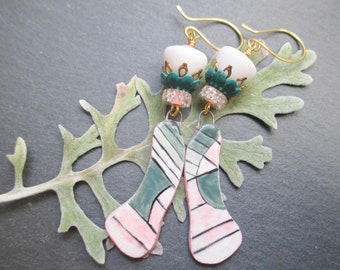 Sweet Pea Tendril Earrings, Abstract Ceramic Dangles, Pastel Pink/Spring Green Artisan Earrings, ThreeWishesStudio