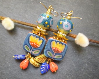 Sunny Days Ceramic Earrings, Yellow Bohemian Blooms Ceramic Dangles, Gift for Her, Whimsical Floral Drops, ThreeWishesStudio