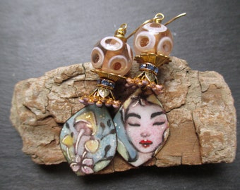 Mushroom Maven Artisan Enamel Earrings, Fairy Meadow Dangles, OOAK Jewelry, Bohemian Fall Dangles, Gift for Her, ThreeWishesStudio
