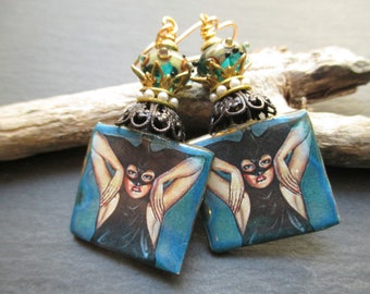 Batgirl to the Rescue Ceramic Earrings, Art Deco Fantasy Ceramic Dangles, Halloween Earrings, Bachelorette Party Dangles, ThreeWishesStudio