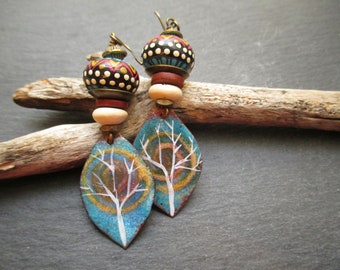 Harvest Moon Enamel Earrings, Earthy, Woodsy Bohemian Enamel Dangles, Artisan Earrings, Gift for Her, ThreeWishesStudio