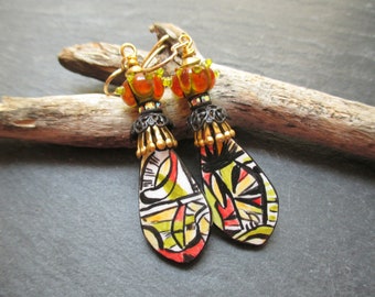 Venetian Nights Ceramic Earrings, Bold Geometric Patterned Abstract Art Ceramic Dangles, Colorful Artsy Earrings, ThreeWishesStudio