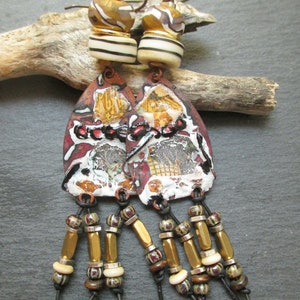 Tribal Fushion Artisan Enamel Earrings, Abstract Collage Style Dangles, Earthy Boho Assemblage Earrings, Gift for Her, ThreeWishesStudio image 9