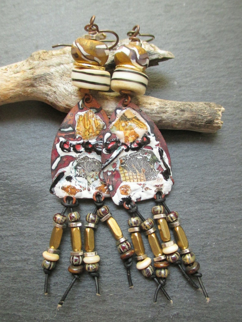 Tribal Fushion Artisan Enamel Earrings, Abstract Collage Style Dangles, Earthy Boho Assemblage Earrings, Gift for Her, ThreeWishesStudio image 9