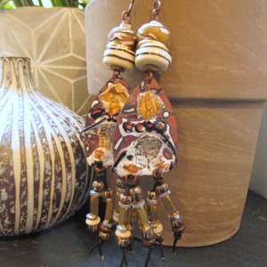 Tribal Fushion Artisan Enamel Earrings, Abstract Collage Style Dangles, Earthy Boho Assemblage Earrings, Gift for Her, ThreeWishesStudio image 6