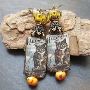 Halloween Greetings Ceramic Owl Earrings, Vintage Style Art Nouveau Halloween Dangles, OOAK Halloween Drops, Gift for Her, ThreeWishesStudio