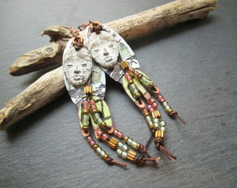 Sage Wisdom Artisan Enamel Earrings, Long Bohemian Enamel Dangles, OOAK Gift for Her, Unique Collage Style Dangles, ThreeWishesStudio