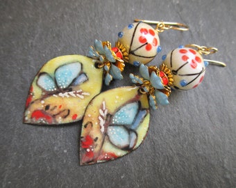 Flutter By Blue Butterfly Enamel Earrings, Bohemian Butterfly Dangles, Spring Insect Earrings, Gift for Her, ThreeWishesStudio