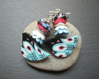 French Bluebirds Ceramic Earrings, Feathered Friends Bohemian Ceramic Dangles, Gift for Her, Whimsical Bird Earrings, ThreeWishesStudio