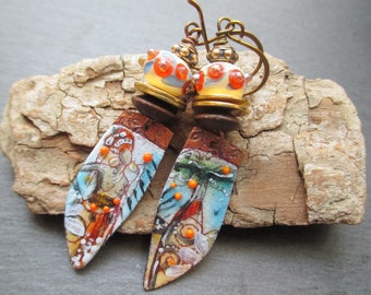 Tribal Life Artisan Enamel Earrings, African Baobabs Enamel Dangles, Colorful Bohemian Earrings, OOAK Gift for Her, ThreeWishesStudio