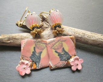 Pink Lady Ceramic Earrings, Cocktail Time Ceramic Dangles, Cheeky Pink Drops, OOAK Gift for Her, ThreeWishesStudio
