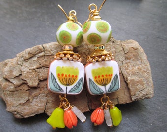 Spring Greens Ceramic Earrings, Whimsical Blooms Hand Painted Beaded Earrings, Bohemian Floral Dangles, Gift for Mom, ThreeWishesStudio