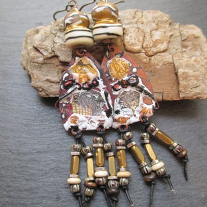 Tribal Fushion Artisan Enamel Earrings, Abstract Collage Style Dangles, Earthy Boho Assemblage Earrings, Gift for Her, ThreeWishesStudio image 2
