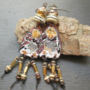 Tribal Fushion Artisan Enamel Earrings, Abstract Collage Style Dangles, Earthy Boho Assemblage Earrings, Gift for Her, ThreeWishesStudio image 8
