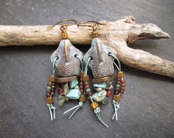 Earth Mother Ceramic Earrings, Tribal Ancestor Artisan Dangles, African Turquoise Bohemian Mask Dangles, Gift for Her, ThreeWishesStudio