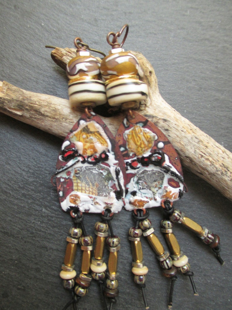 Tribal Fushion Artisan Enamel Earrings, Abstract Collage Style Dangles, Earthy Boho Assemblage Earrings, Gift for Her, ThreeWishesStudio image 5