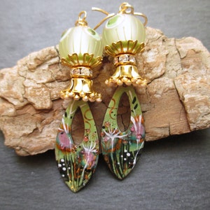 Spring Blooms Enamel Earrings, Pastel Floral Dangles, Artisan Lampwork Earrings, Bohemian Blooms, ThreeWishesStudio