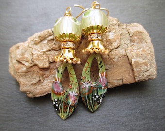 Spring Blooms Enamel Earrings, Pastel Floral Dangles, Artisan Lampwork Earrings, Bohemian Blooms, ThreeWishesStudio