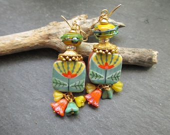 Sunshine Blooms Ceramic Earrings, Yellow Bohemian Floral Ceramic Dangles, Gift for Her, Whimsical Flower Drops, ThreeWishesStudio