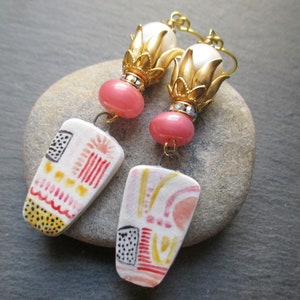 Sweet Sunny Days Ceramic Dangles, Abstract Art Hand Painted Ceramic Dangles, Artsy Pearl Earrings, Gift for Her, ThreeWishesStudio