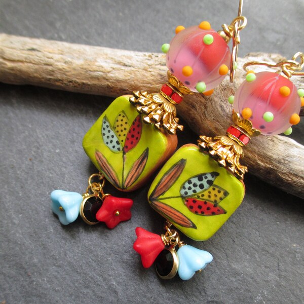 Polka Dot Posies Floral Earrings, Whimsical Hand Painted Ceramic Bead Drops,  Funky Blooms Artisan Earrings, Gift for Her, ThreeWishesStudio