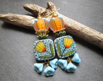 Early Bloomers Ceramic Earrings, Sunny Yellow Blooming Dangles, Colorful Bohemian Ceramic Drops, Gift for Her, ThreeWishesStudio