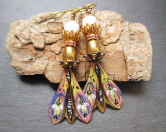 Butterfly Wings Enamel Earrings, Colorful Insect Enamel Dangles, Bohemian Butterfly Earrings, Gift for Her, ThreeWishesStudio