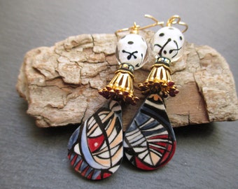 Pattern Play Ceramic Earrings, Bold Graphic Hand Painted Ceramic Dangles, Whimsical OOAK Earrings, Gift for Her, ThreeWishesStudio