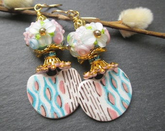 Birthday Cake Cermaic Earrings, Abstract Pastel Hand Painted Ceramic Dangles, OOAK Lamp-work Glass Earrings, Gift for Her, ThreeWishesStudio